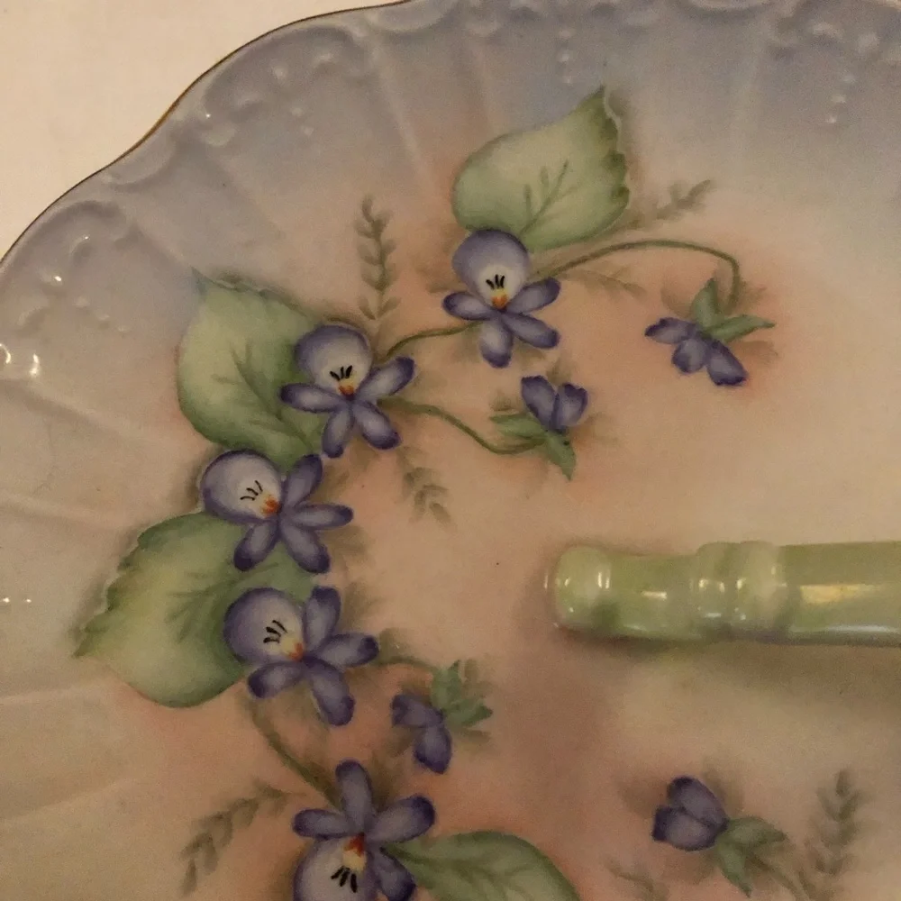 Vintage Hand-Painted Violet Floral Porcelain Handle Nappy/Trinket Dish